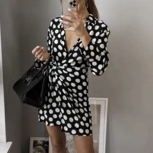 Zara Mini Black and White Polka Dot Pareo Wrap Collared V-Neck Dress Small NWT